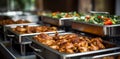 Grilled meat and vegetables, Food on a buffet table at the hotel, Group of people on catering buffet food indoor in Royalty Free Stock Photo