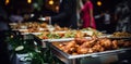 Grilled meat and vegetables, Food on a buffet table at the hotel, Group of people on catering buffet food indoor in Royalty Free Stock Photo