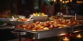 Grilled meat and vegetables, Food on a buffet table at the hotel, Group of people on catering buffet food indoor in Royalty Free Stock Photo