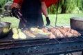 Grilled meat and vegetables. Grilling meat with the addition vegetables. Cclose-up. Grilling food, bbq, barbecue Royalty Free Stock Photo