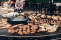 Grilled meat and vegetables mushrooms. roasting beef pork on big