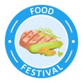 Grilled meat and vegetables on a plate. Food festival logo with steak, zucchini and grill marks. Culinary event