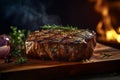 Grilled meat on wooden plate with smoke. Tenderloin fillet beef meat Steak. Restaurant menu, cookbook recipe top view