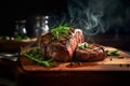 Grilled meat on wooden plate with smoke. Tenderloin fillet beef meat Steak. Restaurant menu, cookbook recipe top view