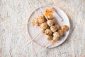 Grilled meatball on skewers served in the wooden plate Royalty Free Stock Photo