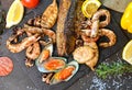 Grilled mediterranean set with fish, shrimp, squid, mussels. Royalty Free Stock Photo