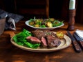 Grilled medium rare beef steak with fried potato wedges on a wooden plate and wooden table Royalty Free Stock Photo