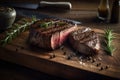 Grilled medium rare meat steak with rosemary on a dark background, pepper and spices on a wooden board, grilled meat. generative Royalty Free Stock Photo