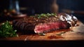 Grilled medium rare steak on wooden board. Generative Ai Royalty Free Stock Photo
