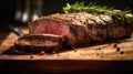 Grilled medium rare steak on wooden board. Generative Ai Royalty Free Stock Photo