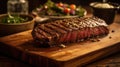 Grilled medium rare steak on wooden board. Generative Ai Royalty Free Stock Photo