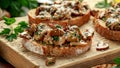 Grilled mushroom toast with parsley, lemon and parmesan cheese on wooden board. healthy vegan food