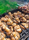 Grilled mushrooms on skewers cooked in a brazier Royalty Free Stock Photo