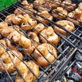 Grilled mushrooms on skewers cooked in a brazier Royalty Free Stock Photo