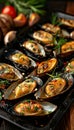Grilled mussels on black plate traditional mediterranean dish, a delectable seafood delicacy