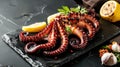 Grilled octopus elegantly presented on a black plate, Ai Generated