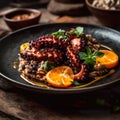 Grilled octopus fine dining dish. Delicious boiled octopus with lemon. Seafood appetizer.