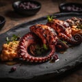 Grilled octopus fine dining dish. Delicious boiled octopus with lemon. Seafood appetizer.