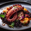 Grilled octopus fine dining dish. Delicious boiled octopus with lemon. Seafood appetizer.