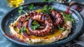 Grilled Octopus on Hummus with Microgreens