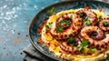Grilled Octopus on Hummus Plate with Parsley and Spices