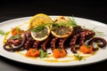 Grilled octopus with lemon and dill on a white plate, Appetizing dish with grilled octopus and lemon, AI Generated