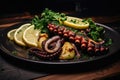 Grilled octopus with lemon and parsley on a black plate, Appetizing dish with grilled octopus and lemon, AI Generated