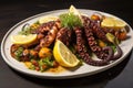 Grilled octopus with lemon and parsley on a white plate, Appetizing dish with grilled octopus and lemon, AI Generated
