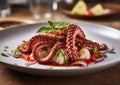 Grilled octopus on plate with basil and lemon on fine dining restaurant table.Macro.AI Generative