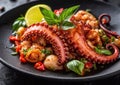 Grilled octopus on plate with basil and lemon on fine dining restaurant table.Macro.AI Generative