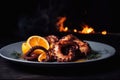 Grilled octopus on a plate. Grilled seafood. Generative AI