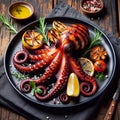 Grilled octopus plated on black dish, a classic mediterranean delicacy. Generated AI