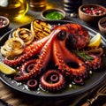 Grilled octopus plated on black dish, a classic mediterranean delicacy. Generated AI