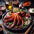 Grilled octopus plated on black dish, a classic mediterranean delicacy. Generated AI