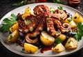 A grilled octopus with potatoes and paprika