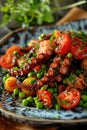 Grilled octopus salad with cherry tomatoes and green peas on a decorative blue plate