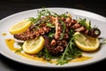 Grilled octopus salad with lemon and arugula on white plate, Appetizing dish with grilled octopus and lemon, AI Generated