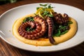 Grilled octopus with a sweet and tangy honey balsamic glaze, served on a bed of creamy polenta and garnished with fresh parsley