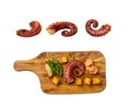 Grilled octopus tentacle on a wooden cut board served with shrimps Royalty Free Stock Photo