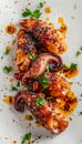 Grilled Octopus Tentacles with Spices, Herbs, and Olive Oil on White Plate, Gourmet Seafood Dish Concept