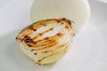 Grilled onion freshly removed from the grilled and placed on a white plate on the table