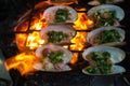 Grilled Oysters on fire with oil, green onion, roasted peanut