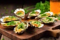 grilled oysters garnished with parsley on wooden slab