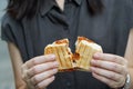 Grilled Panini with pork and spicy sauce - Homemade sandwich filled with shredded pork and chili paste sauce