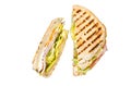 Grilled panini with Prosciutto ham, salad and cheese. Isolated, white background.