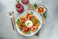 Grilled peach salad with mozzarella, prosciutto ham, basil, Delicious appetizer for wine. top view. place for text Royalty Free Stock Photo