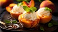 Grilled peach sundae: Caramelized peaches, served with vanilla ice cream, topped with nuts and honey