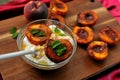 Grilled peaches and Greek yoghurt for a healthy alkaline breakfast Royalty Free Stock Photo