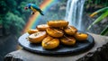 Grilled Mango Slices with Waterfall Background: Tropical Delight Royalty Free Stock Photo