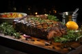 Grilled picanha with caramelized pineapple on rustic scene., generative IA